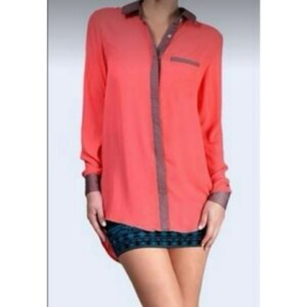 NWOT FREE PEOPLE Coral Silky Sheer Button Down Long Sleeve Top